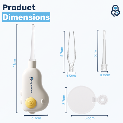 Baby nose & ear cleaner dimensions: 11cm unit, 6.7cm tweezers, 5cm pick, 3.7cm lens cap labeled