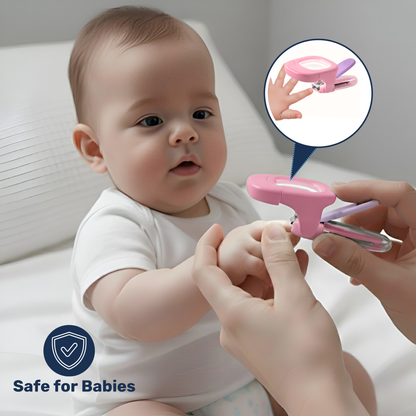 Parent clipping calm infant's fingernails with pink LED magnifier baby nail clipper, inset shows curved blade on tiny hand