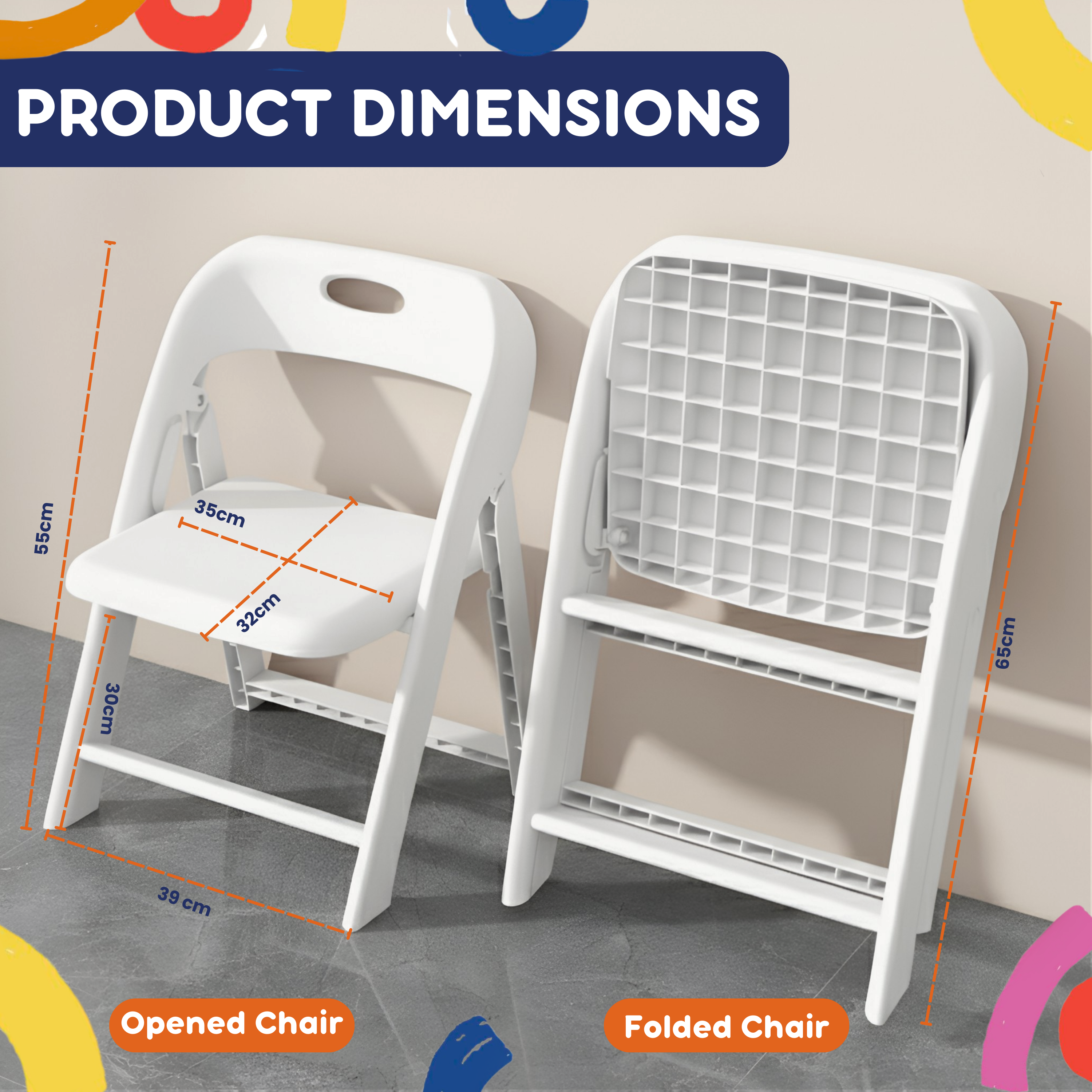 Kids folding chair dimensions diagram: open 55×39×30cm seat, folded 65cm height, grid-back PP plastic