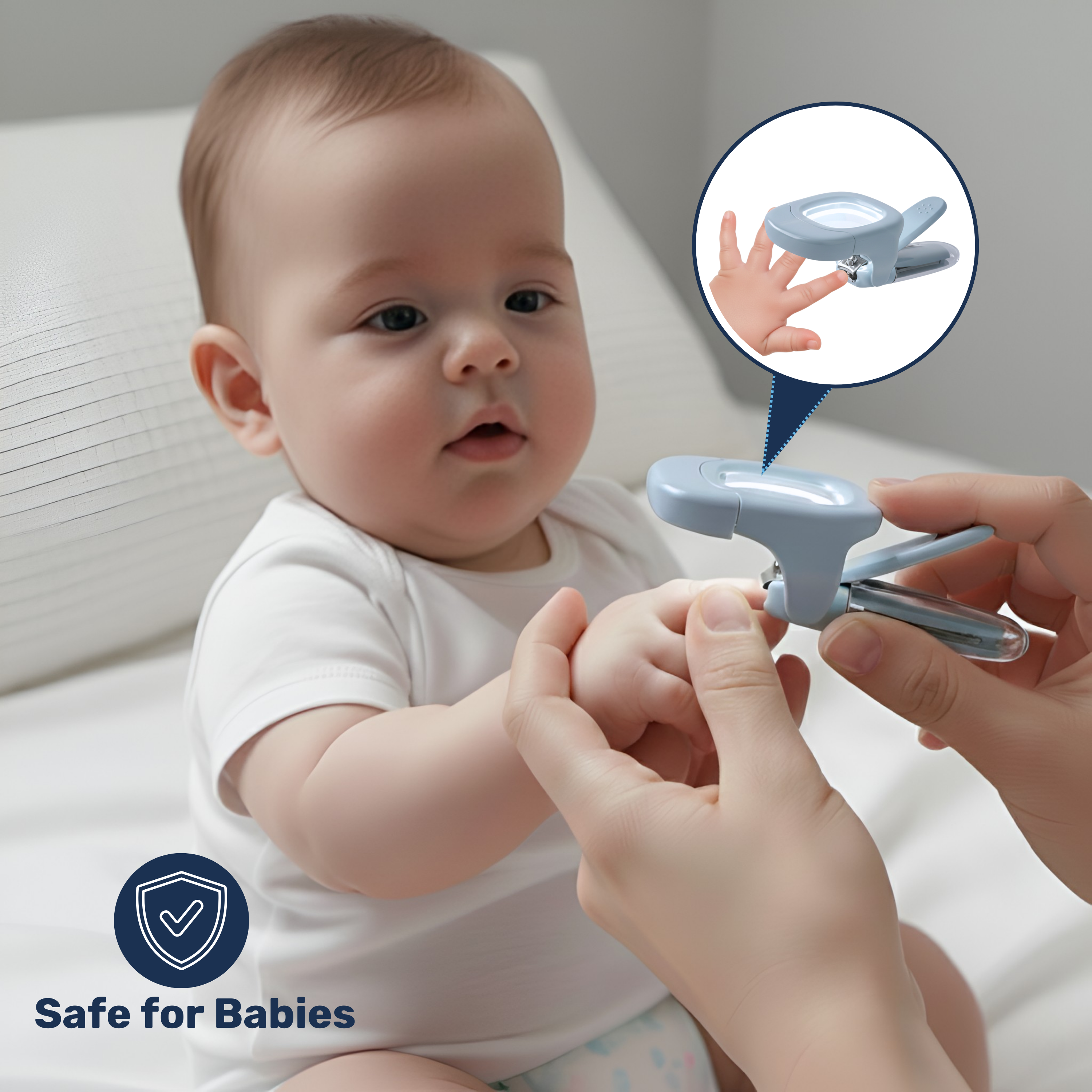 Parent trimming alert baby's fingernails with blue LED magnifier nail clipper, inset shows curved blade on tiny hand