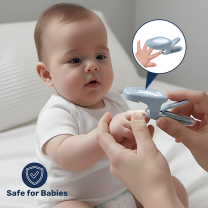 Parent trimming alert baby's fingernails with blue LED magnifier nail clipper, inset shows curved blade on tiny hand