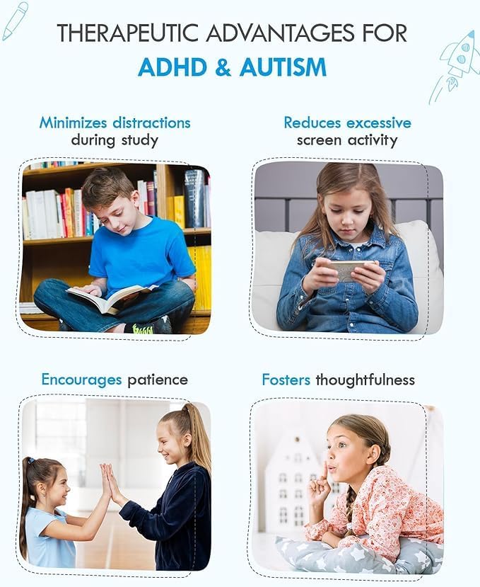 Infographic listing 4 ADHD and autism therapeutic benefits with children reading, playing, and reflecting