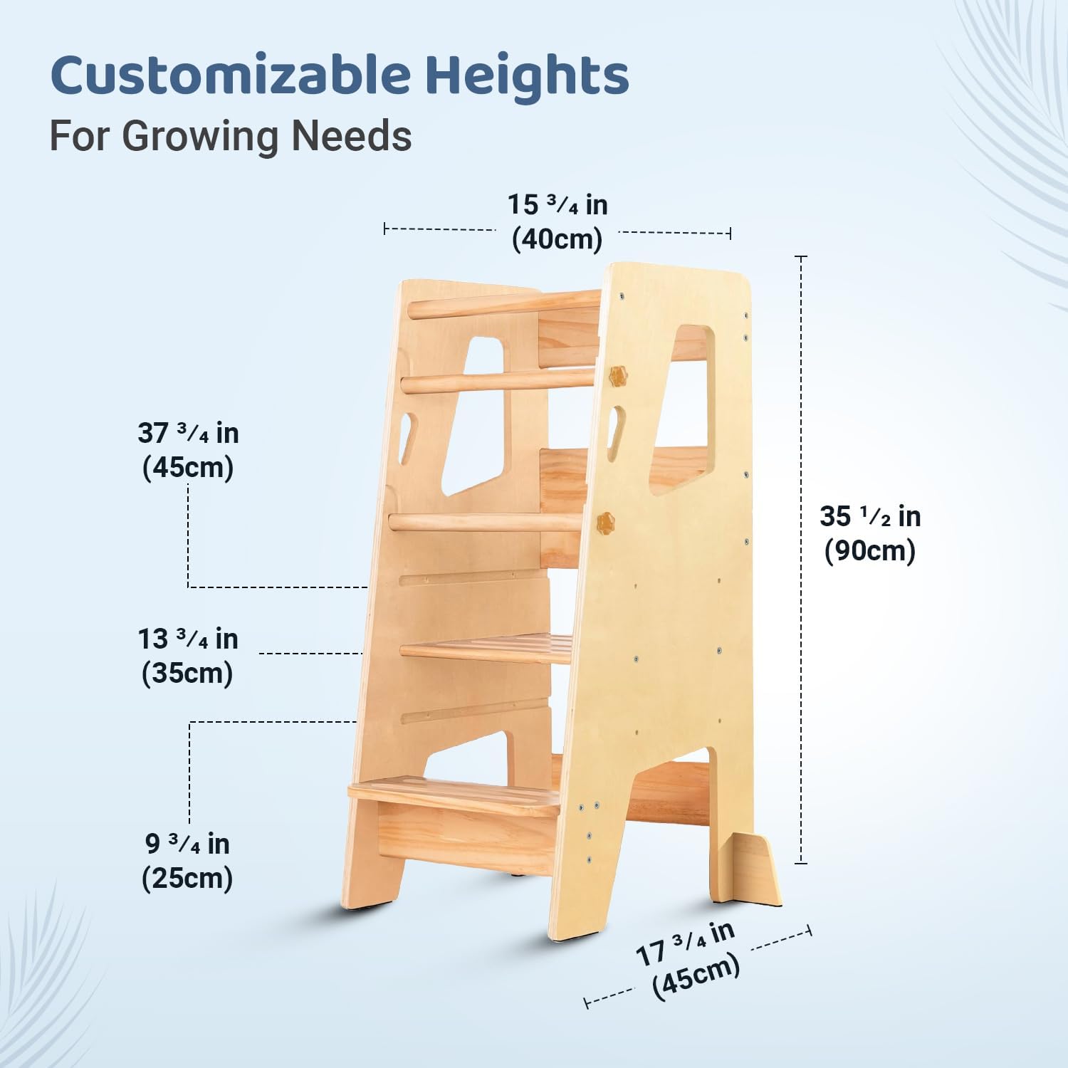 Natural wood learning tower infographic showing 35.5in total height and 15¾in width with labeled step levels