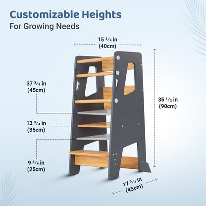 Montessori Learning Tower dimension diagram showing 4 adjustable height levels from 25cm to 45cm