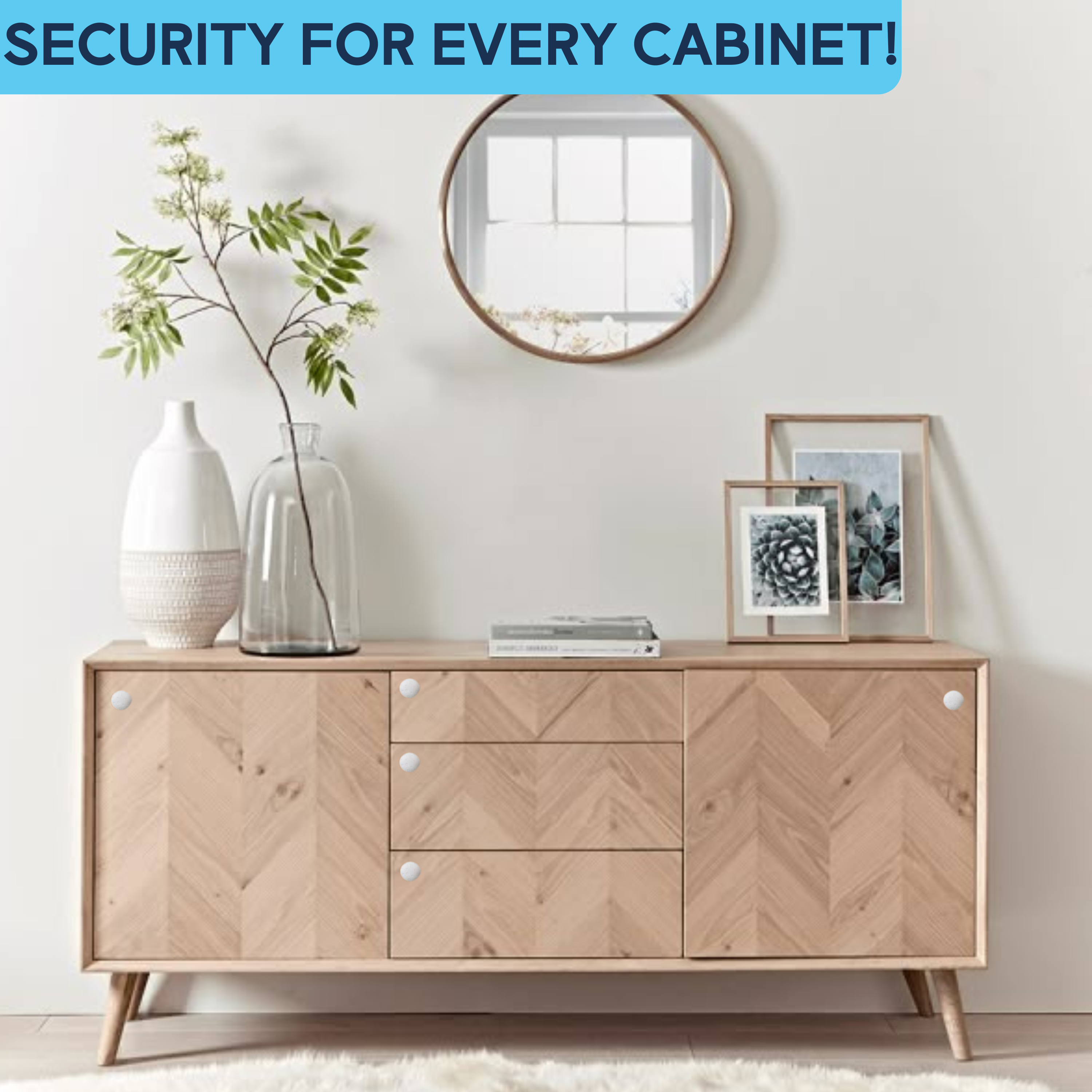 Herringbone wood sideboard with cabinet locks securing two doors and three center drawers