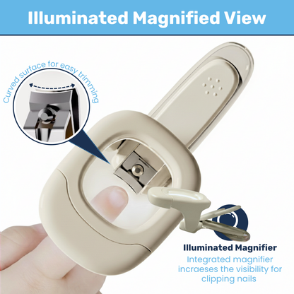 Baby nail clipper magnified view callout showing curved blade trimming a finger, integrated illuminated magnifier highlighted