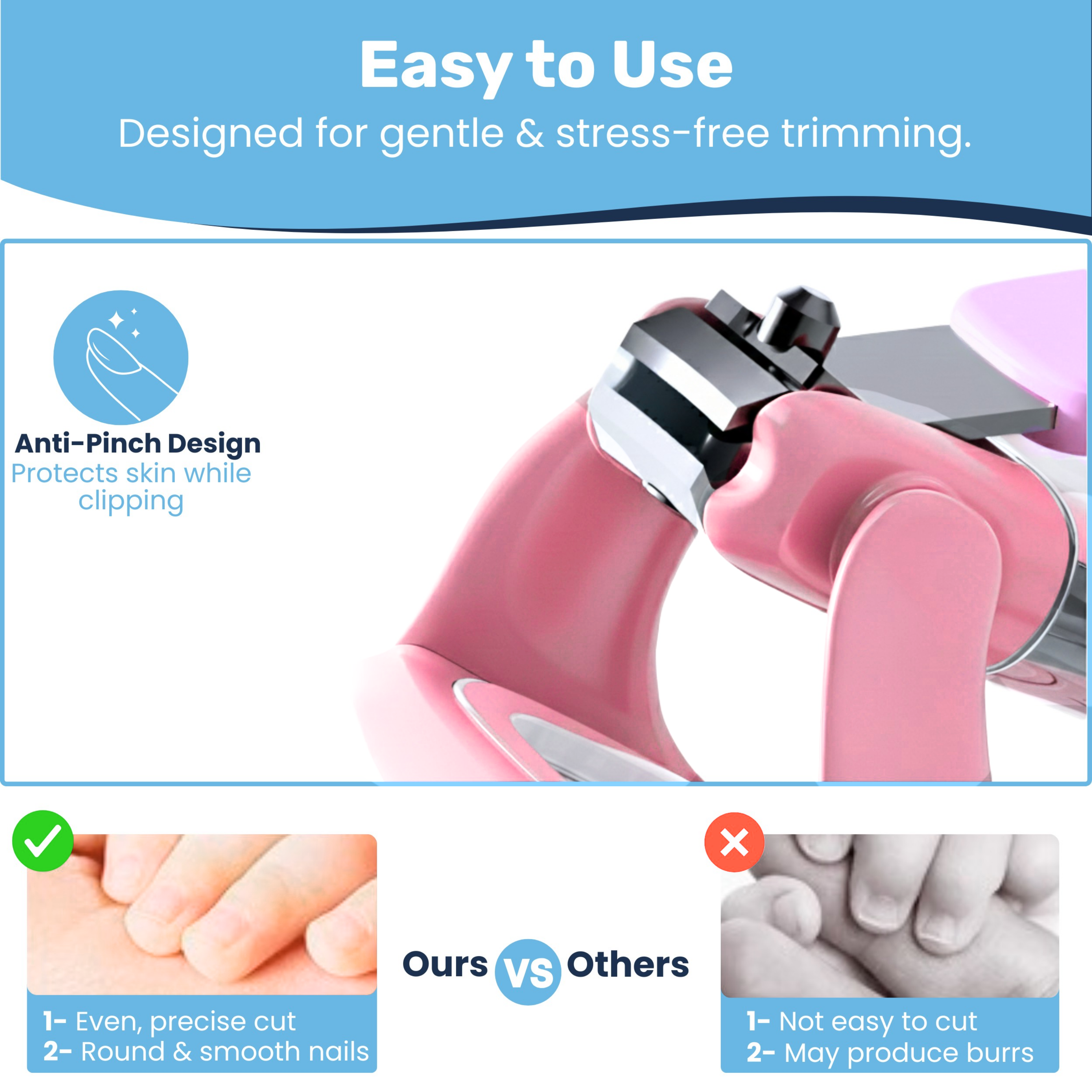 Anti-pinch baby nail clipper close-up showing skin-guard blade guard, with smooth-cut vs burr comparison below