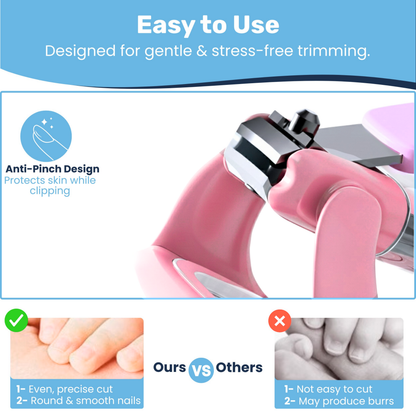 Anti-pinch baby nail clipper close-up showing skin-guard blade guard, with smooth-cut vs burr comparison below