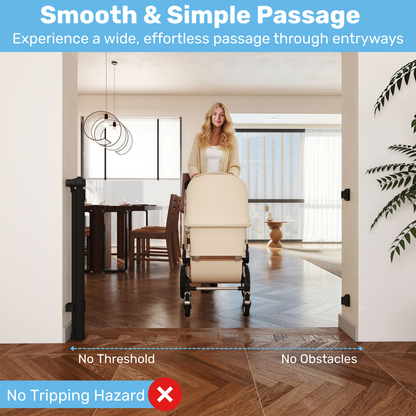 Parent pushing cream stroller through wide doorway with no-threshold retractable mesh baby gate mounted on both sides