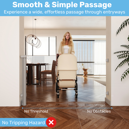Parent rolling cream stroller through doorway with no-threshold retractable mesh gate, "No Tripping Hazard" callout