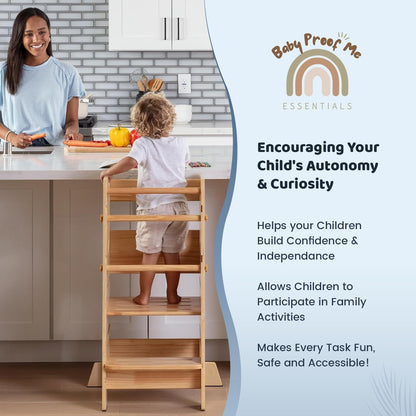 Toddler on natural wood Montessori Learning Tower helping parent prep vegetables at kitchen counter