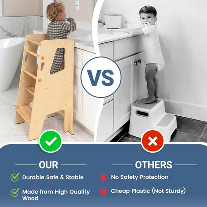 Wooden Montessori Learning Tower vs plastic step stool comparison showing enclosed safety rail versus no protection