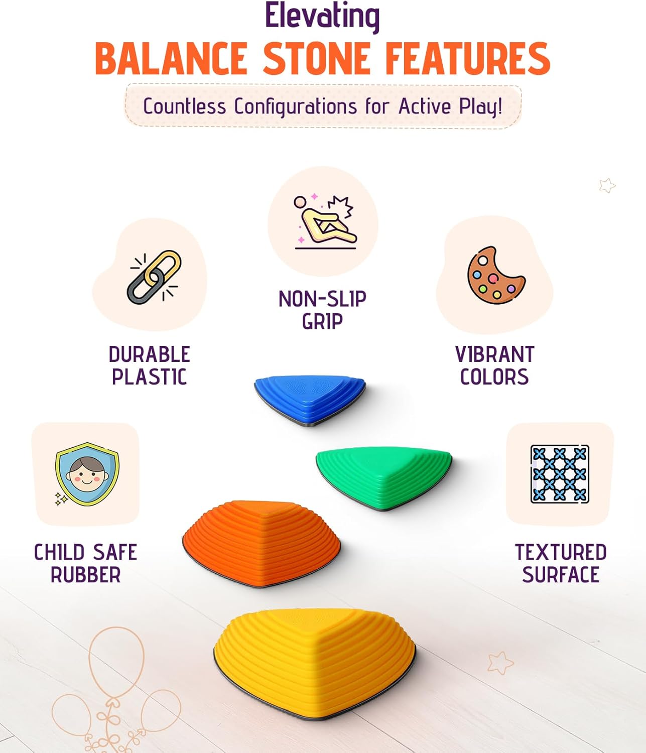 Balance stone infographic showing 4 stones: non-slip grip, textured surface, child-safe rubber base