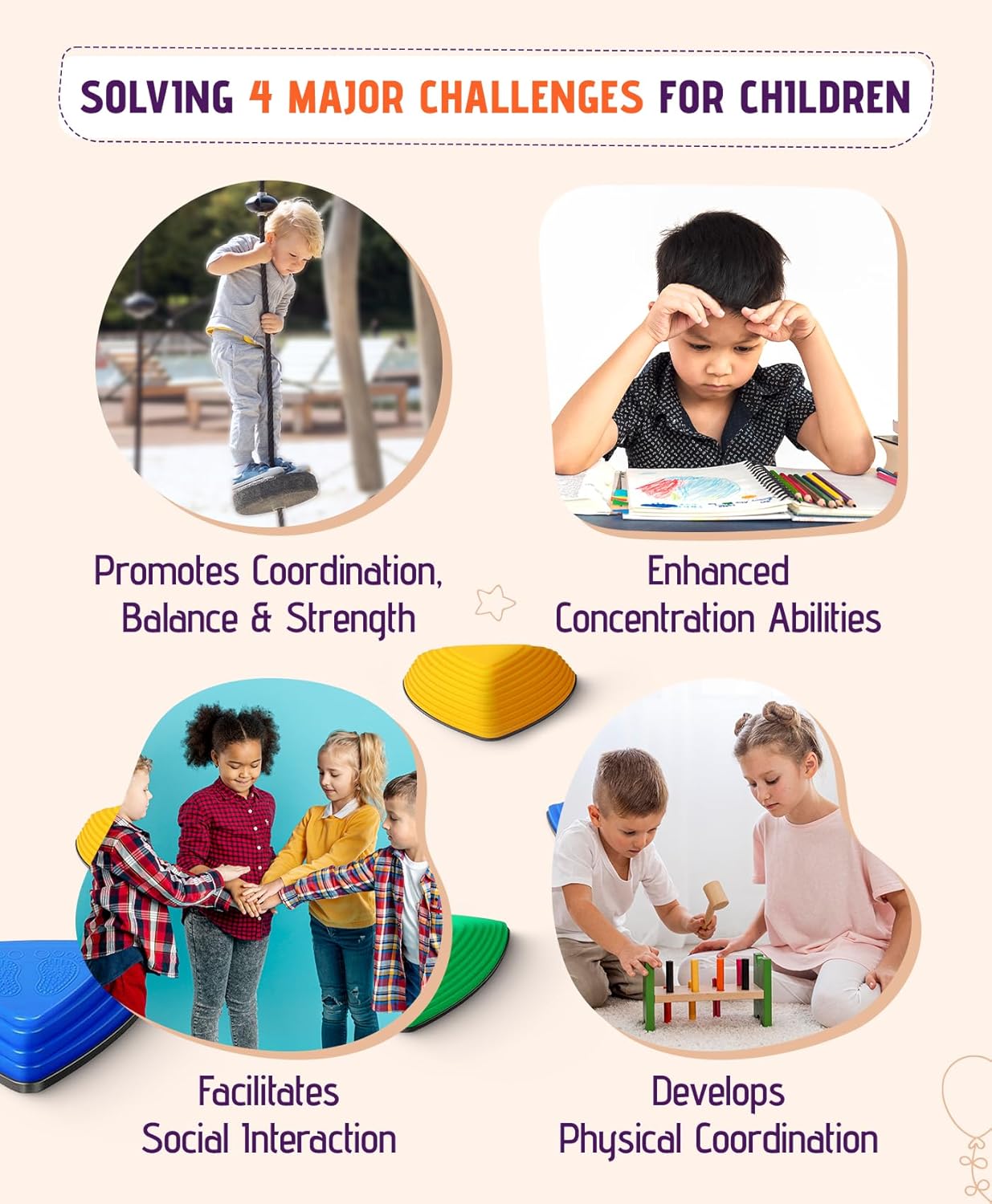 Infographic showing 4 child development benefits of wooden stacking stones: balance, focus, social play, coordination