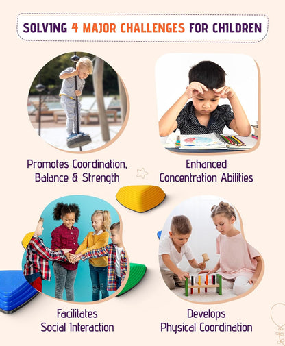 Infographic showing 4 child development benefits of wooden stacking stones: balance, focus, social play, coordination