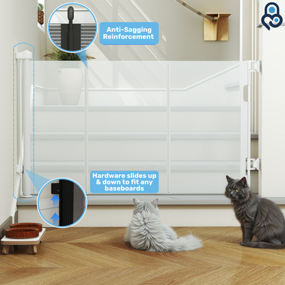 White retractable baby gate with anti-sagging reinforcement, adjustable baseboard hardware, two cats