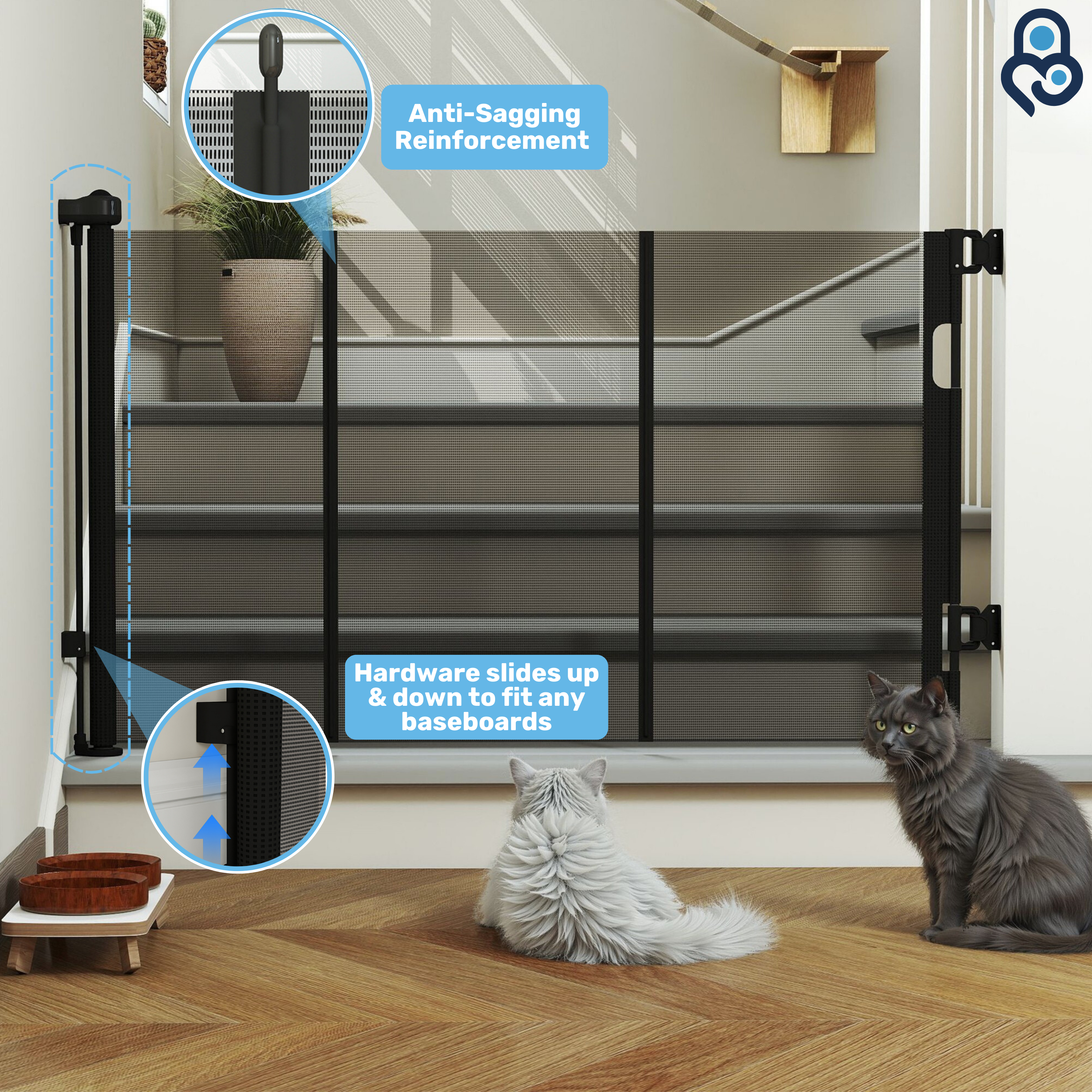 Black retractable mesh gate at stairway with anti-sagging reinforcement and baseboard-fit hardware