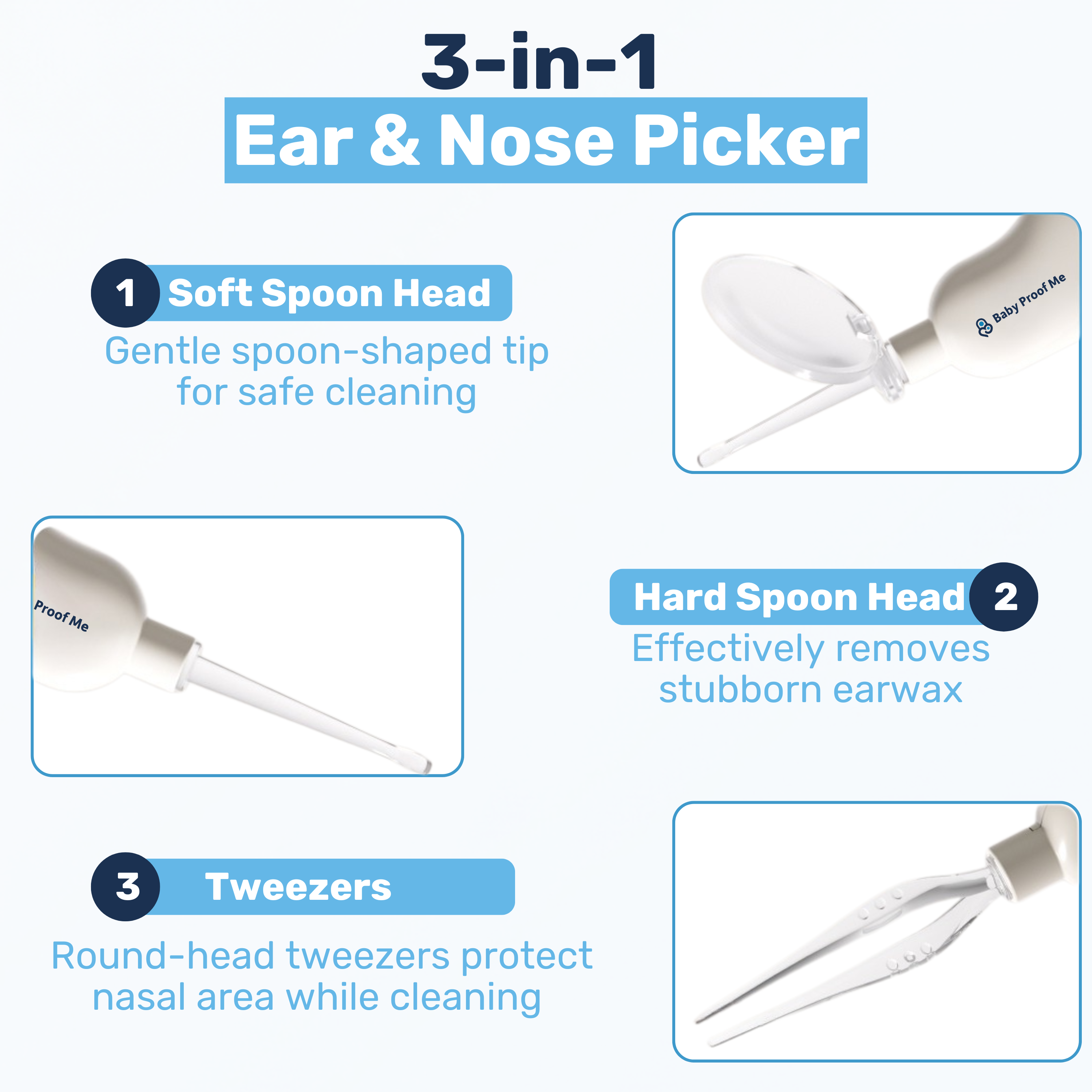 3-in-1 baby nose & ear cleaner infographic: soft spoon, hard spoon, and round-tip tweezers attachments