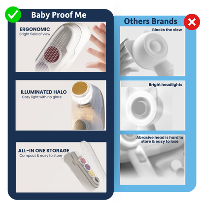 Comparison chart: ergonomic baby nail buffer with illuminated halo vs. bulky competitor heads blocking view