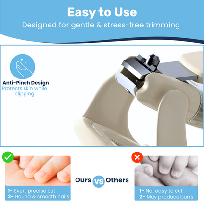 Anti-pinch baby nail clipper infographic comparing smooth even cut vs burr-prone standard clippers