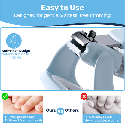 Blue baby nail clipper anti-pinch blade guard close-up, smooth even cut vs burr comparison below