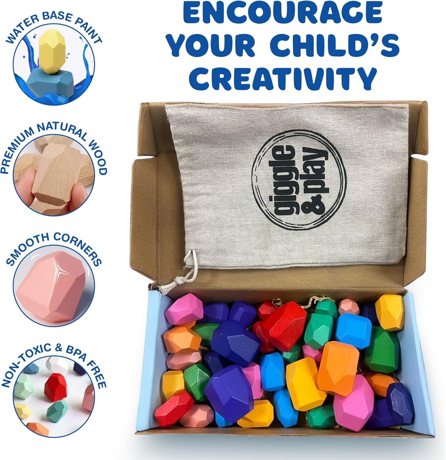 Open Giggle & Play box filled with multicolor faceted wooden stacking stones and canvas drawstring bag
