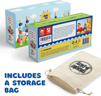 Giggle & Play 40-piece wooden stacking stones retail box with included canvas drawstring storage bag