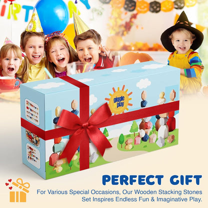 Giggle & Play wooden stacking stones gift box with red bow, kids celebrating at birthday party backdrop