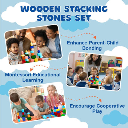 Wooden stacking stones for kids shown in family, classroom, and cooperative play scenes