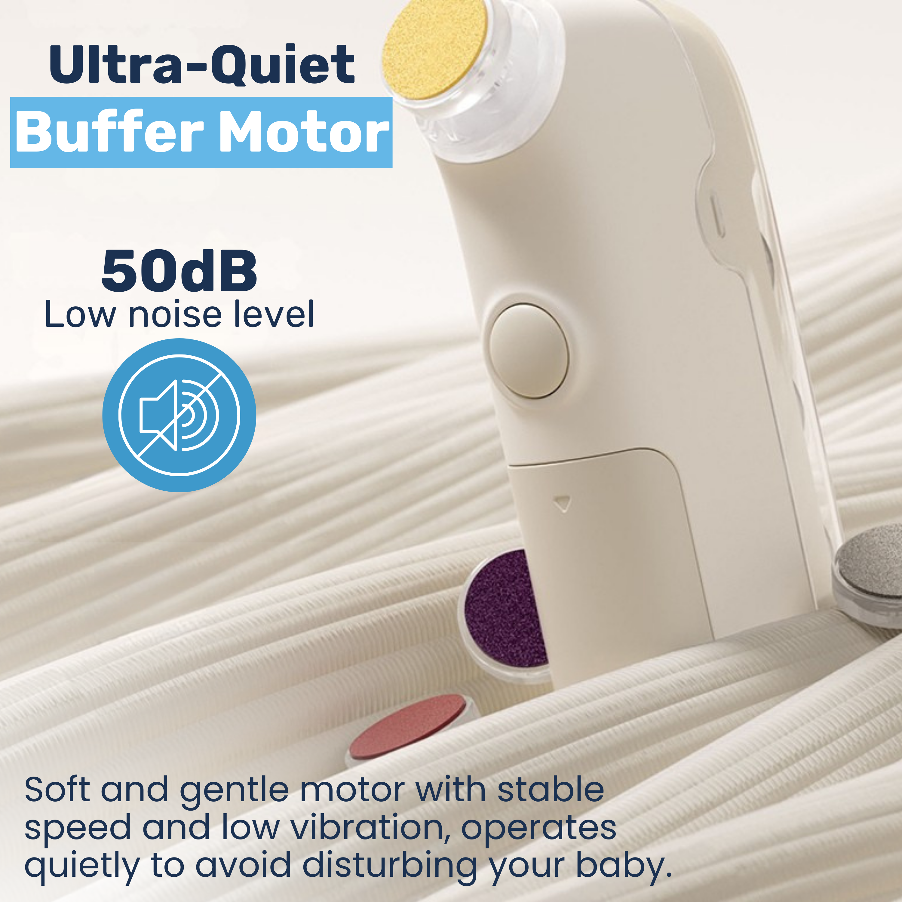 Ultra-quiet 50dB baby nail buffer with 4 color-coded heads resting on soft ribbed fabric surface