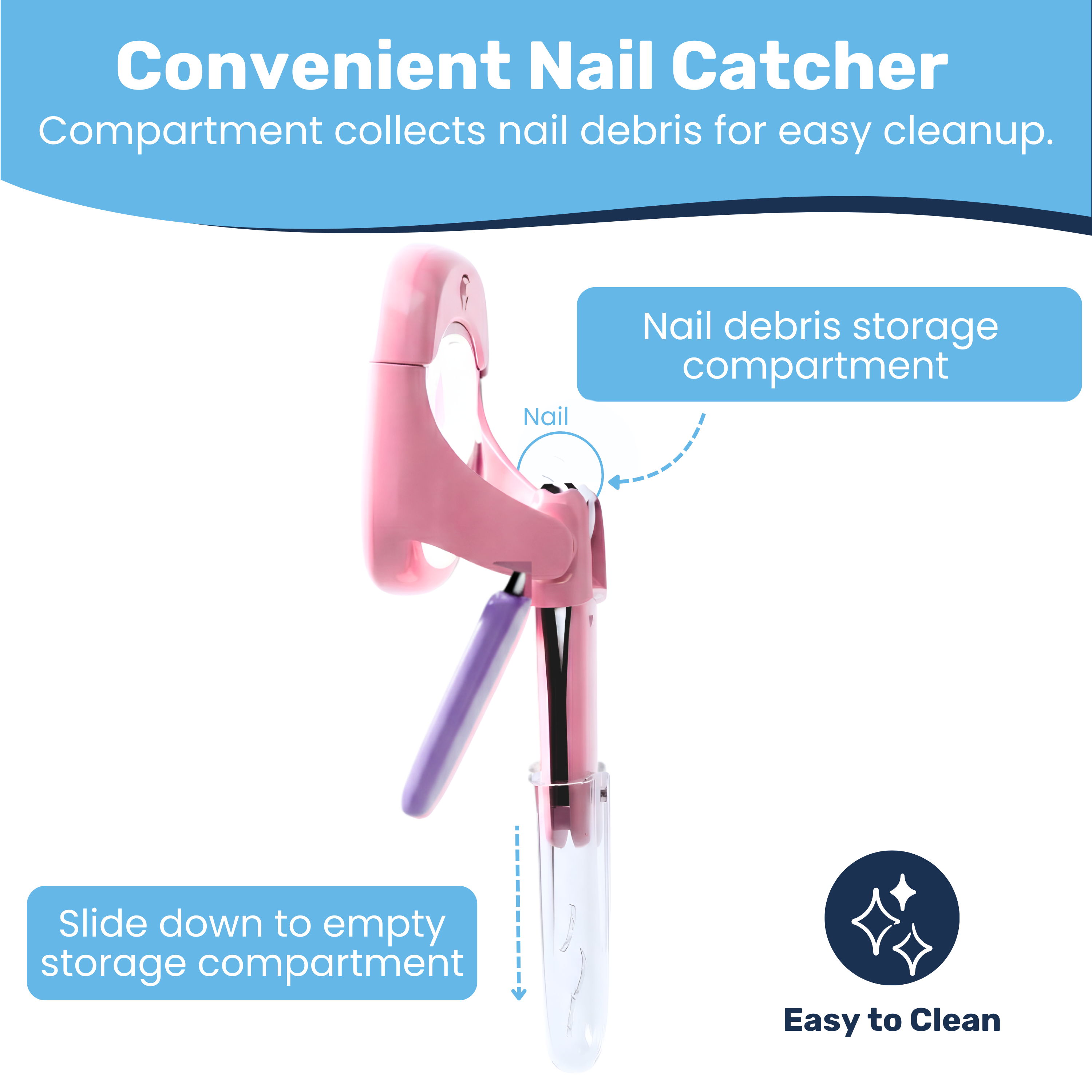Pink baby nail clipper with slide-down debris compartment open, nail catcher storage callout labeled