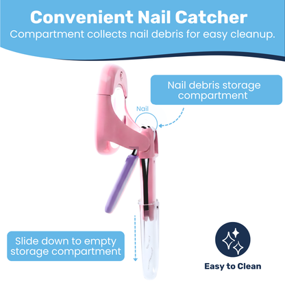 Pink baby nail clipper with slide-down debris compartment open, nail catcher storage callout labeled