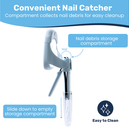 Blue baby nail clipper with slide-down debris compartment open, nail catcher storage chamber callout labeled