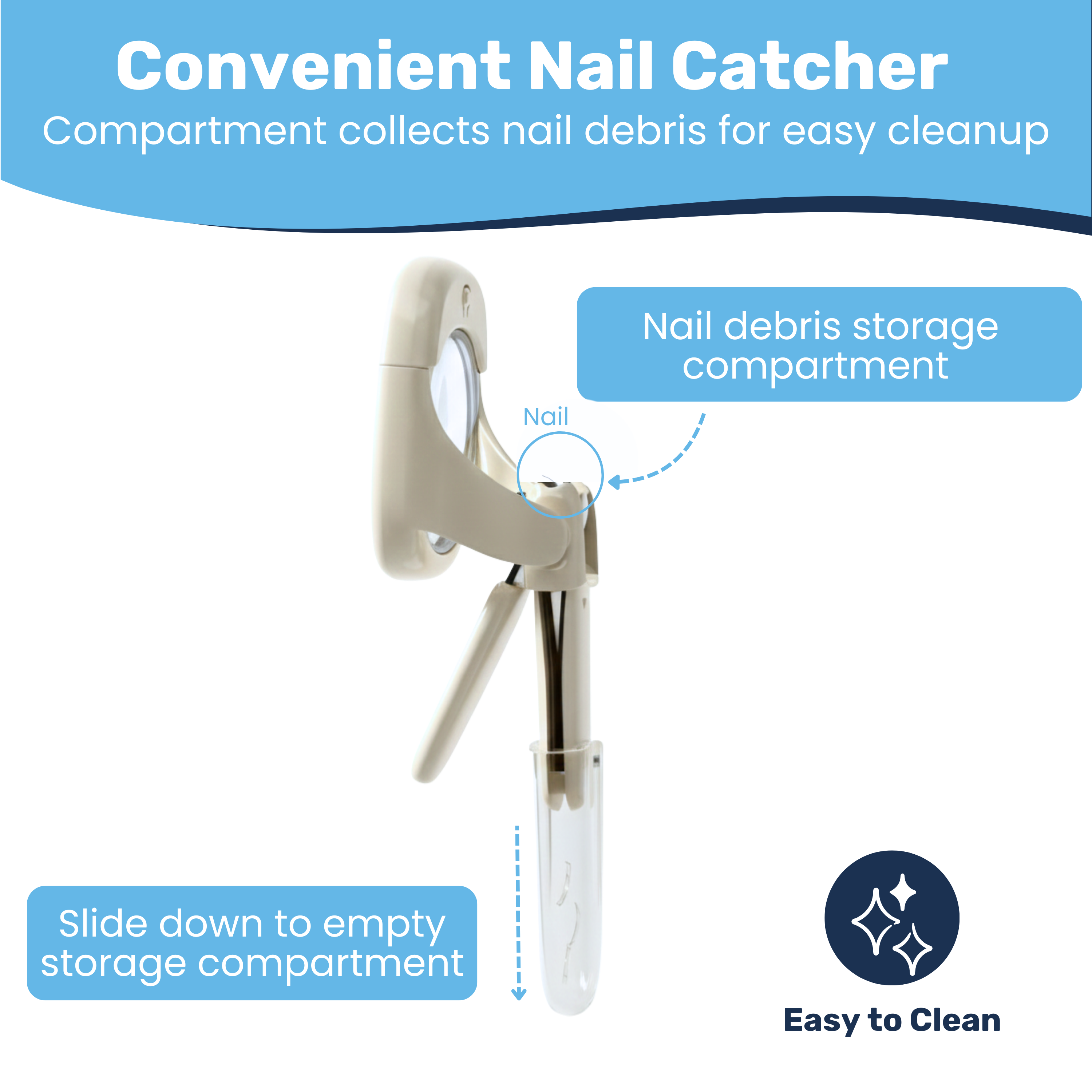 Baby nail clipper with slide-down nail debris catcher compartment, callout arrows showing collection chamber