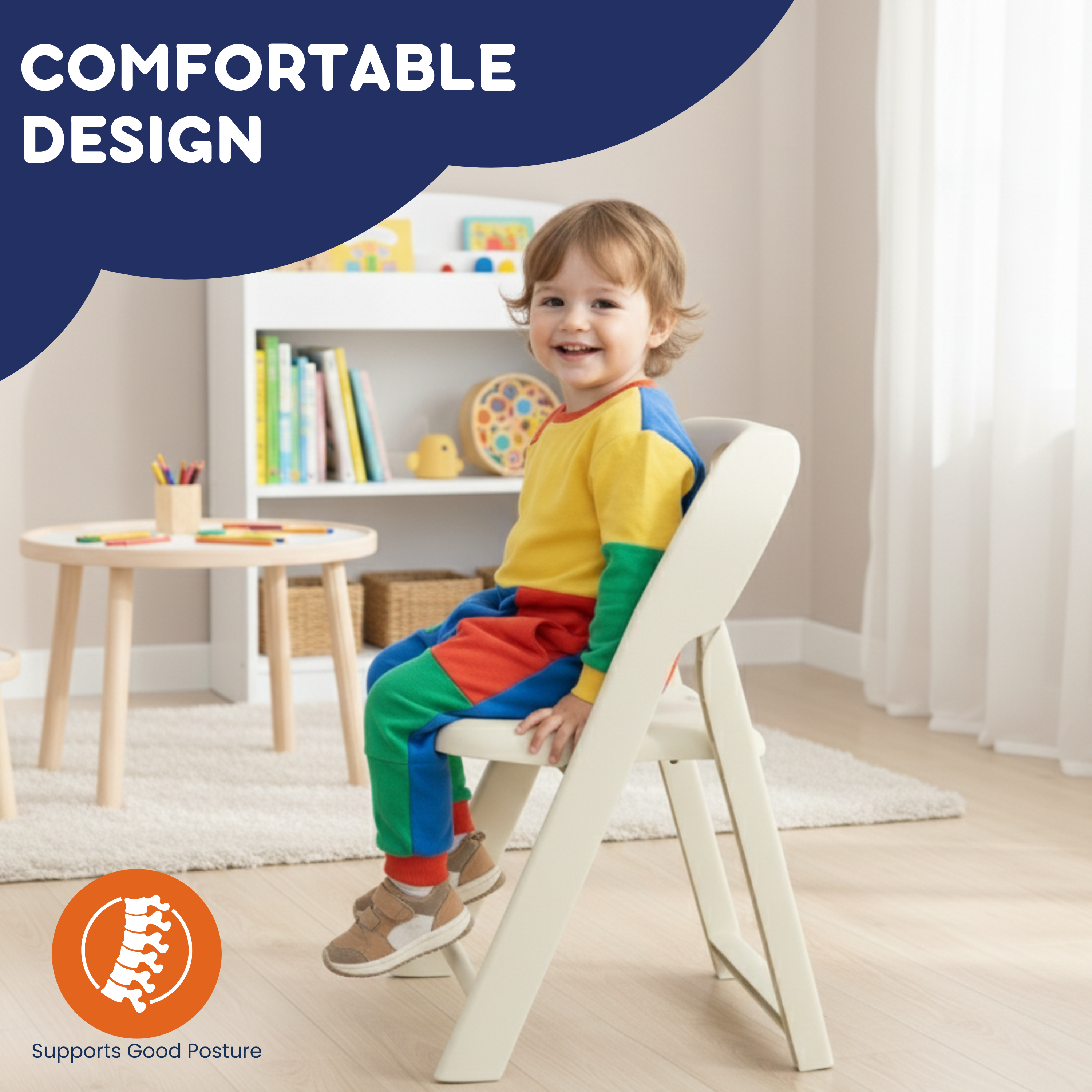 Laughing toddler in colorful outfit seated in white kids folding chair, posture support badge visible