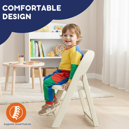 Laughing toddler in colorful outfit seated in white kids folding chair, posture support badge visible