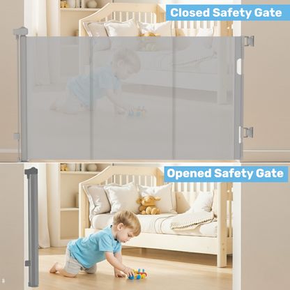 Split-panel open vs. closed retractable mesh baby gate, toddler playing with toys on nursery floor below