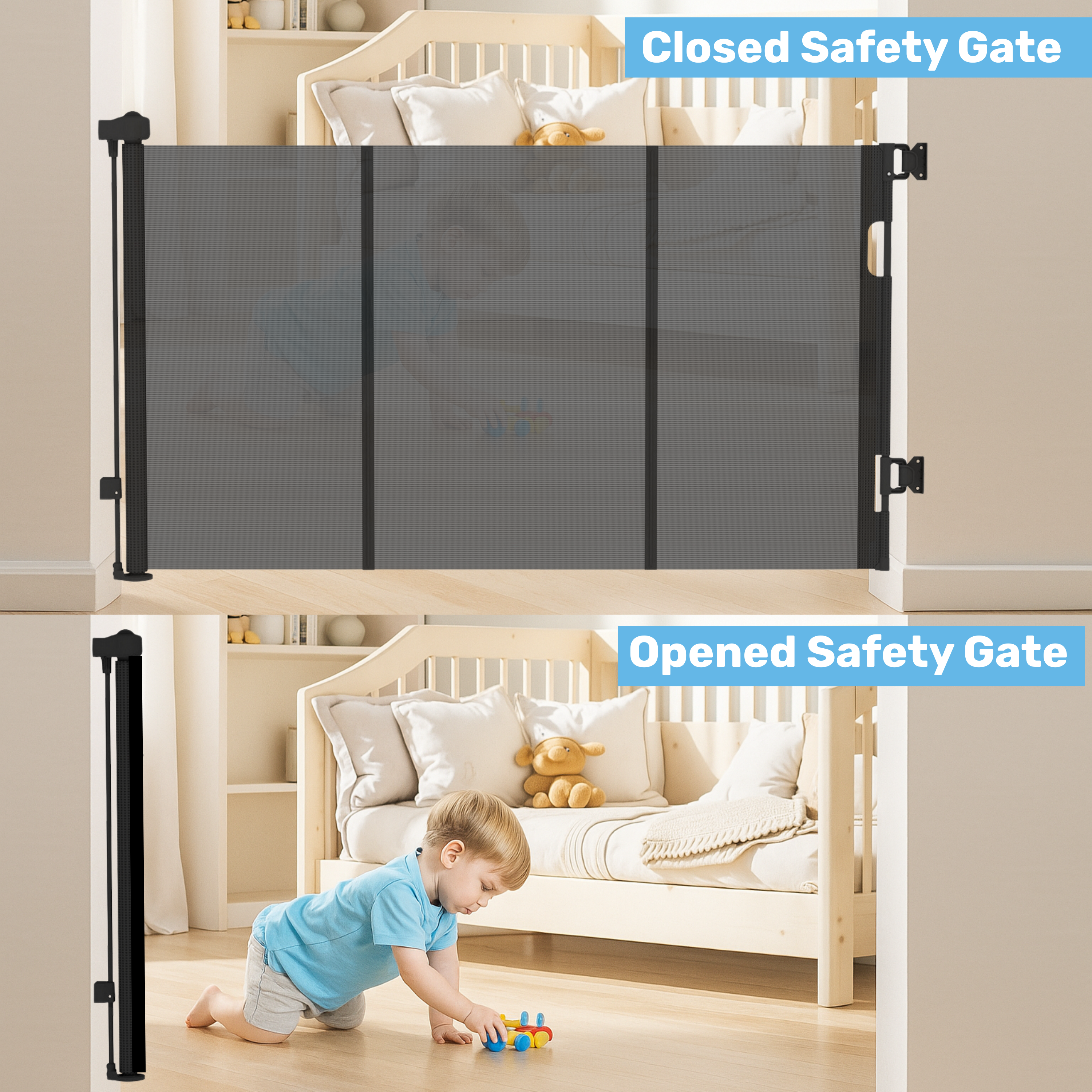 Retractable mesh baby gate open vs. closed comparison, toddler playing on nursery floor below
