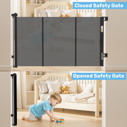 Retractable mesh baby gate open vs. closed comparison, toddler playing on nursery floor below