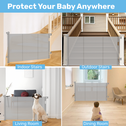 Grey retractable mesh baby gate in 4 installs: indoor stairs, outdoor deck, living room dog, dining room toddler