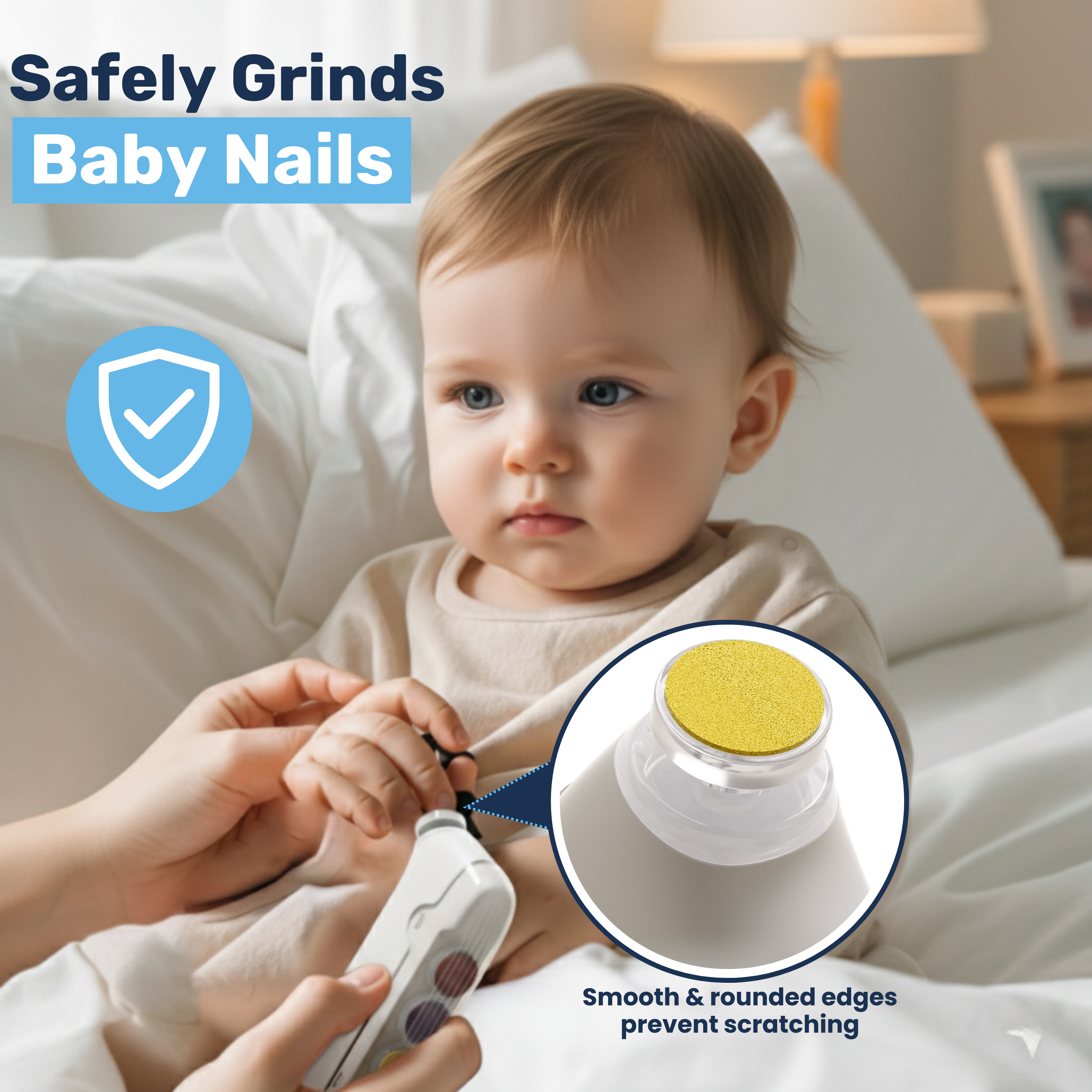 Parent trimming baby's nails with electric nail buffer, close-up of yellow coarse-grit grinding head