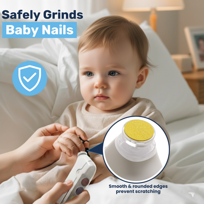 Parent trimming baby's nails with electric nail buffer, close-up of yellow coarse-grit grinding head