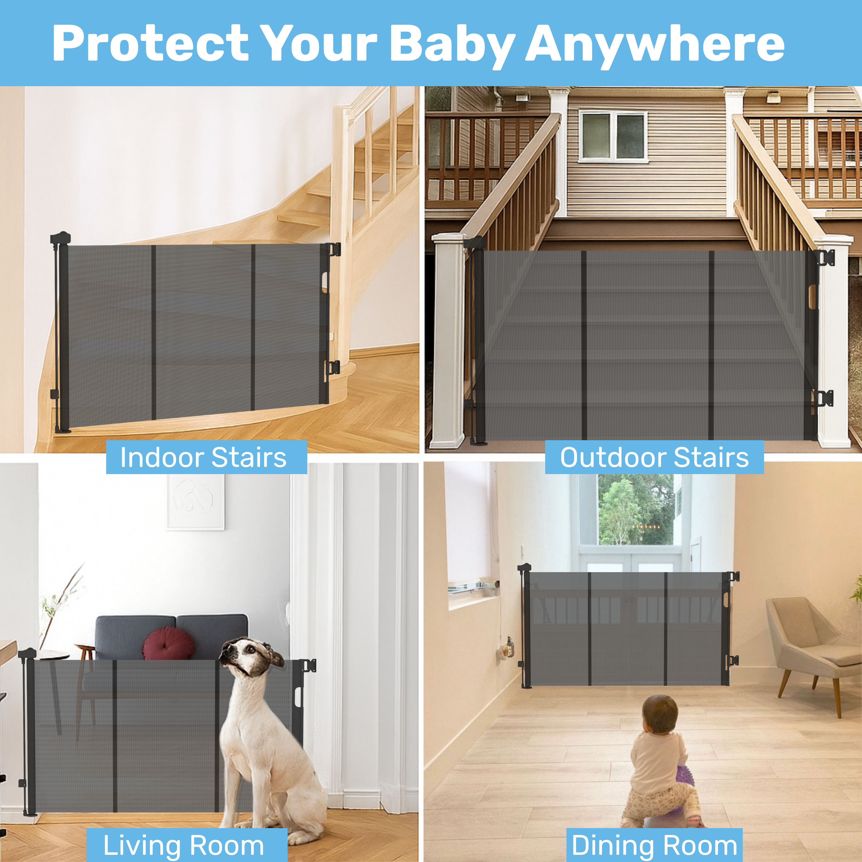 Retractable mesh baby gate in 4 locations: indoor stairs, outdoor deck, living room with dog, dining room with toddler
