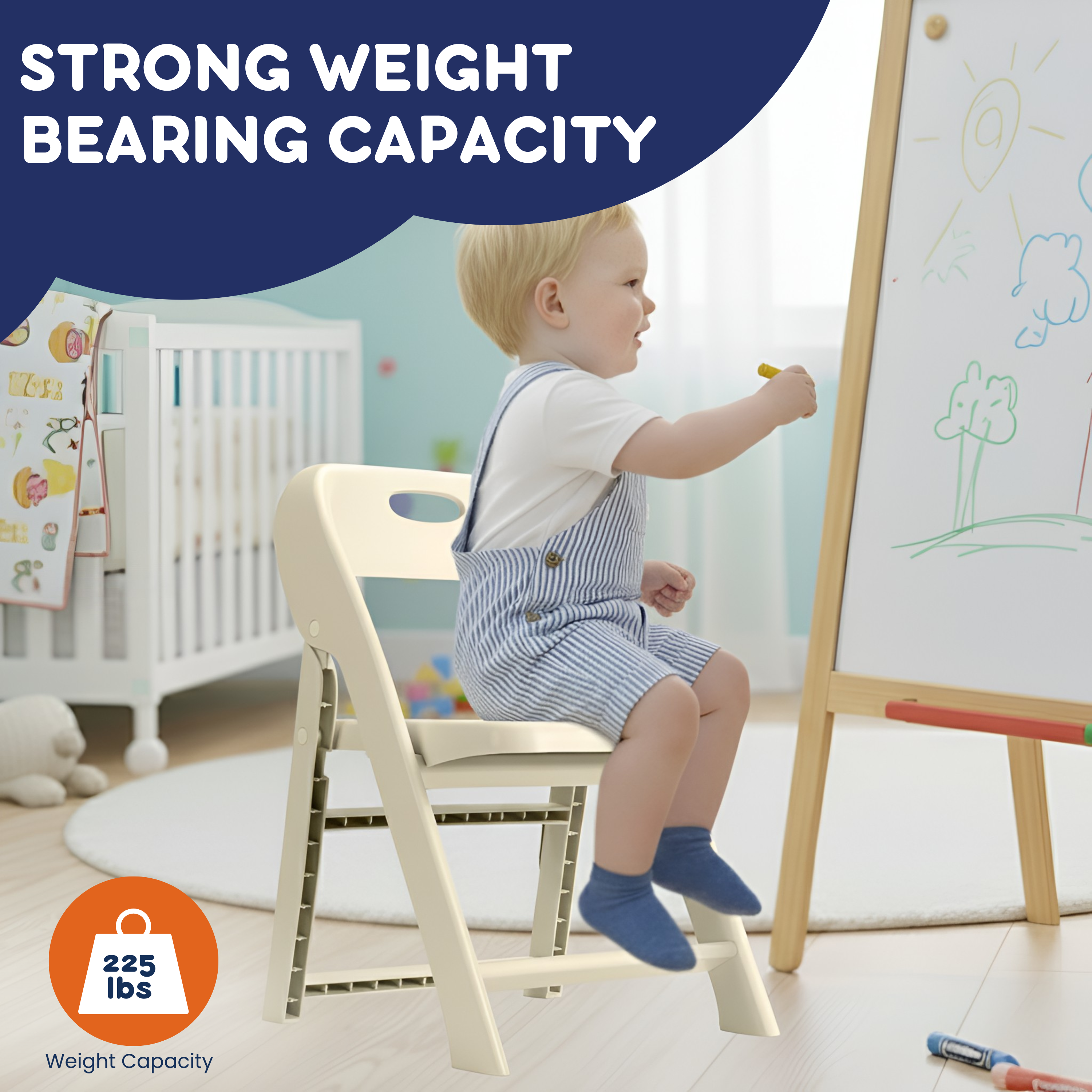 Toddler drawing on whiteboard easel while seated in cream kids folding chair, 225 lbs capacity badge shown