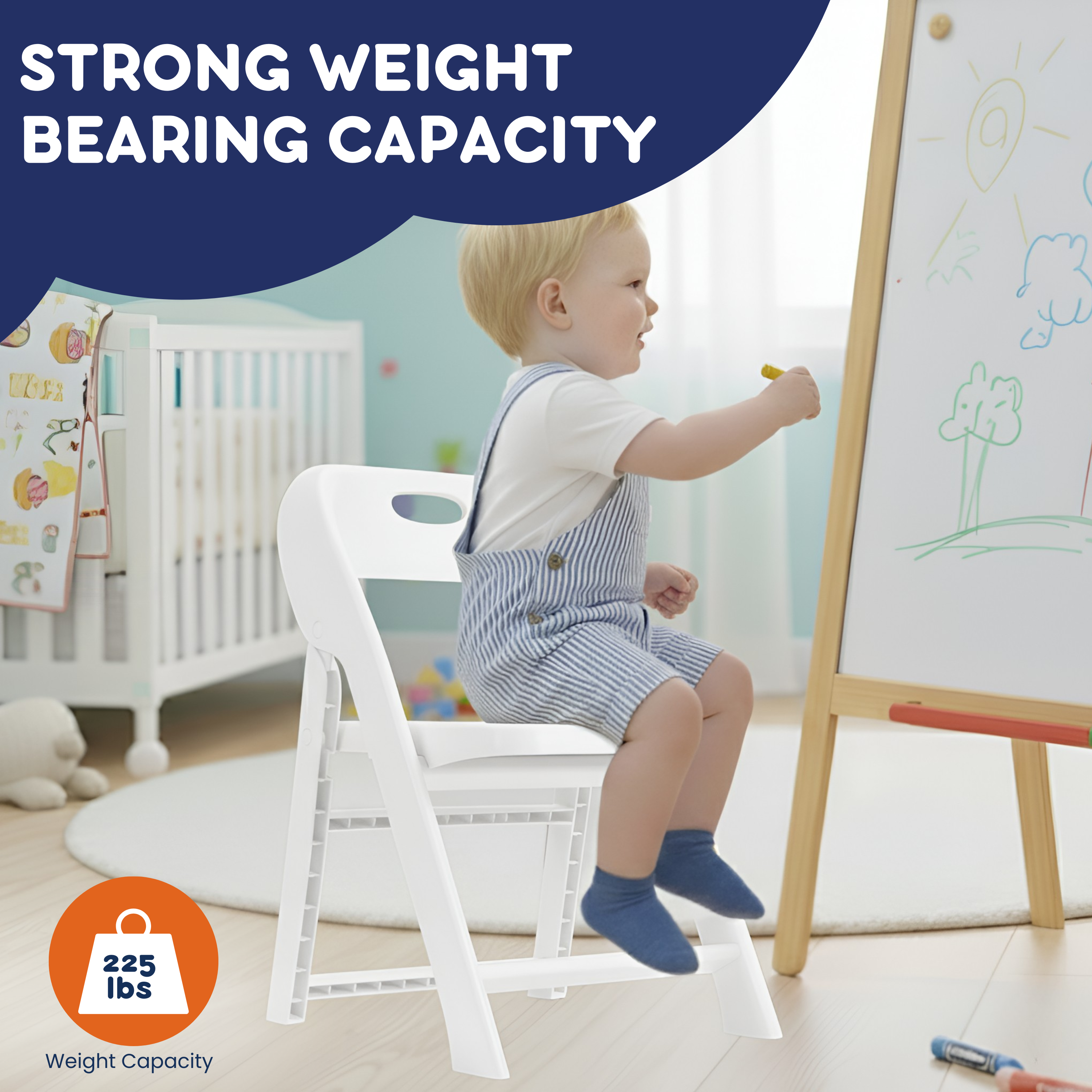 Toddler drawing on easel while seated in white kids folding chair, 225 lbs weight capacity callout visible