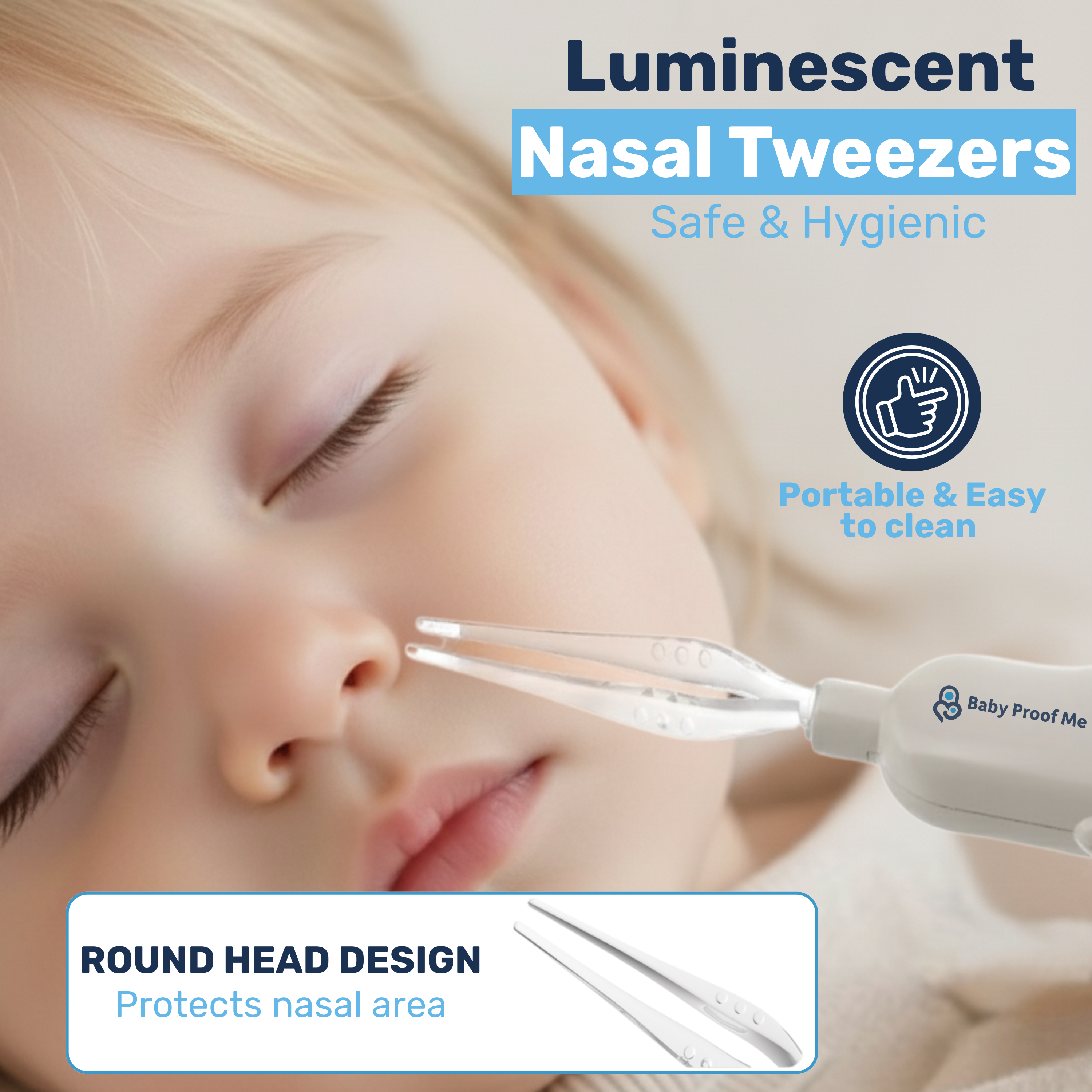 Luminescent nasal tweezers with round-head tip near sleeping baby's nose, built-in LED light glowing