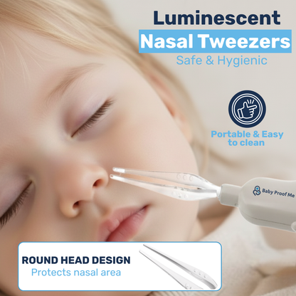 Luminescent nasal tweezers with round-head tip near sleeping baby's nose, built-in LED light glowing