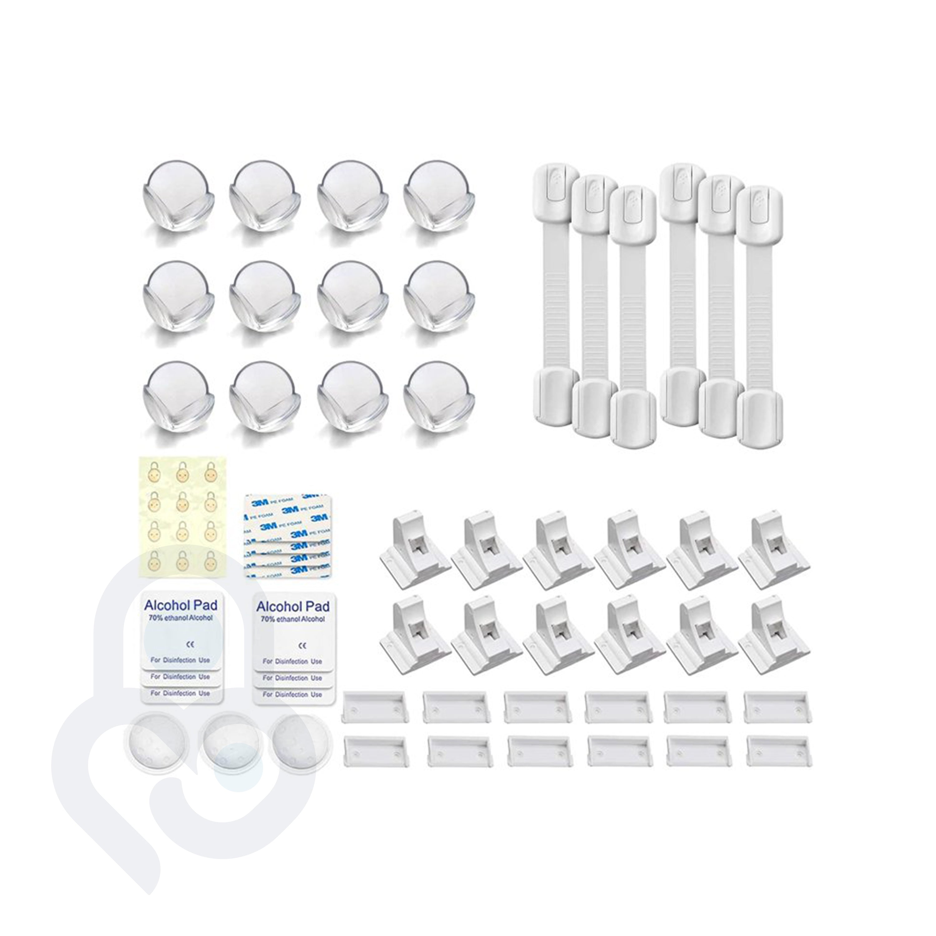 Baby Bunch Safety Kit flat lay: 12 corner guards, 6 adjustable strap locks, 12 magnetic cabinet locks