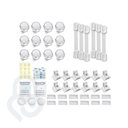 Baby Bunch Safety Kit flat lay: 12 corner guards, 6 adjustable strap locks, 12 magnetic cabinet locks