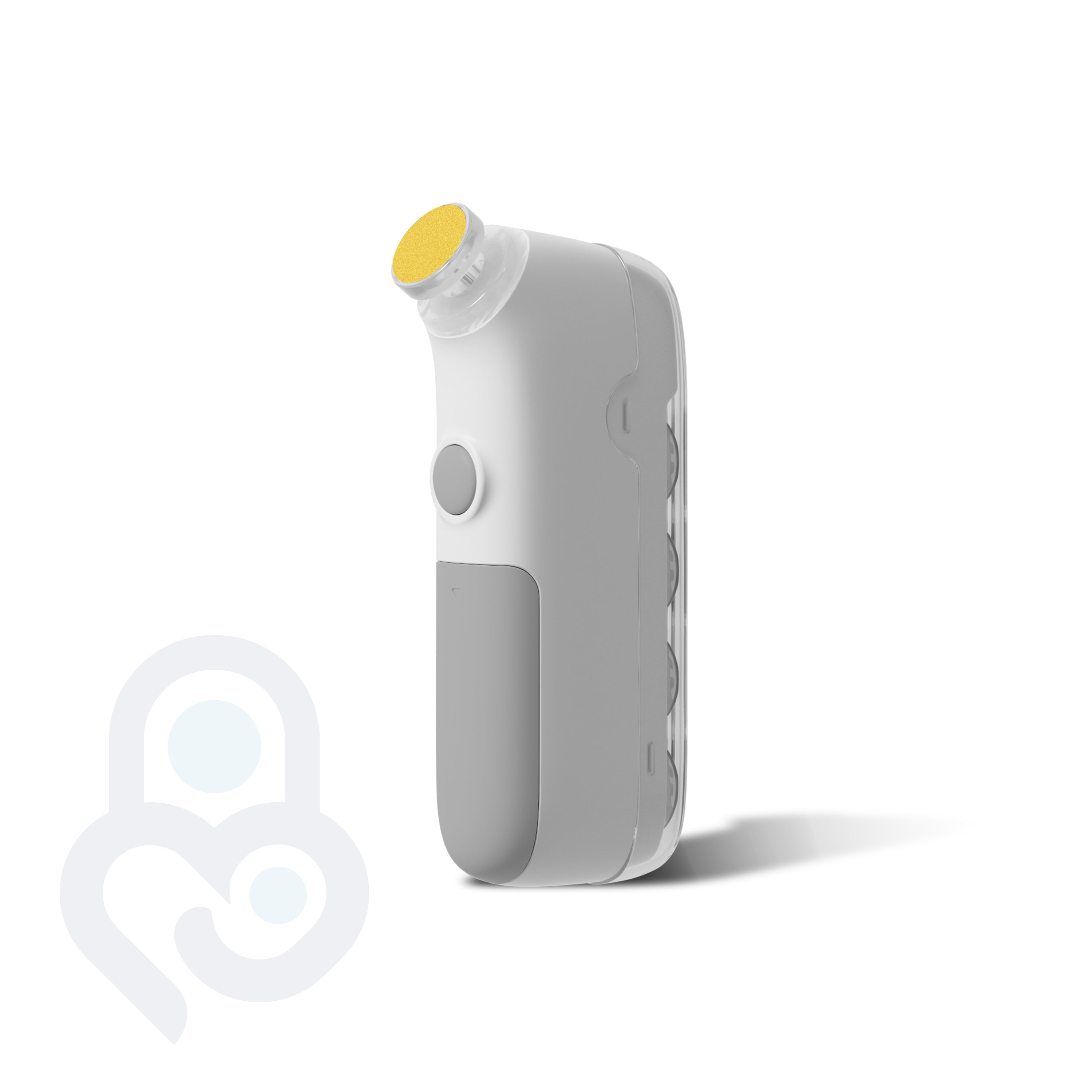 White and gray electric baby nail buffer with yellow coarse-grit buffing head attached, side view